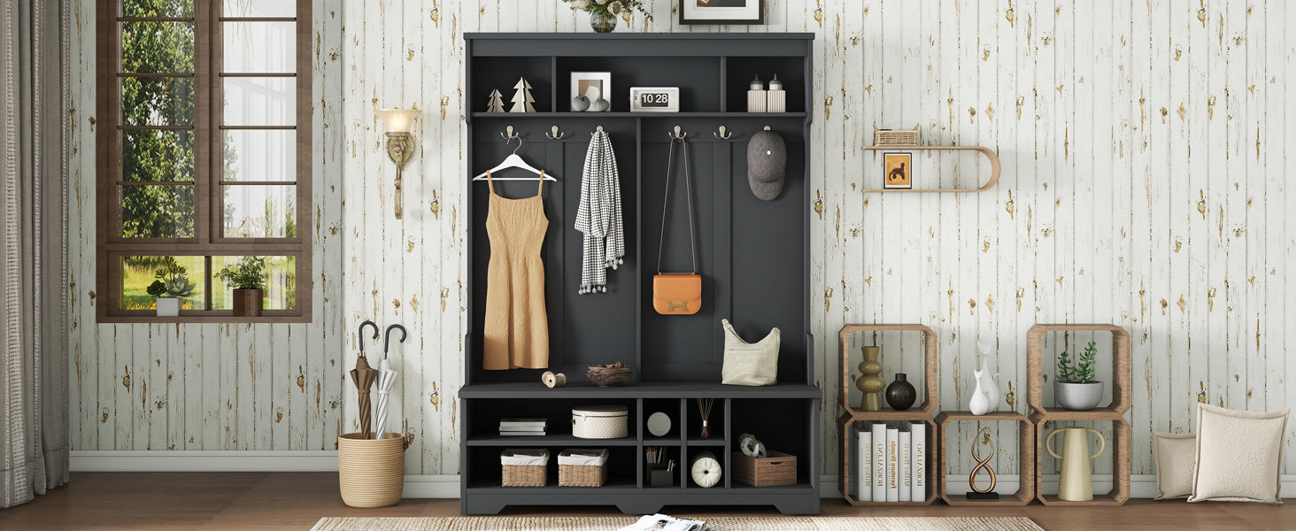 Modern Hallway Hall Tree with Metal Hooks and Storage Space, Multi-Functional Entryway Coat Rack with Shoe Cubbies, Black - Grand Goldman Shop