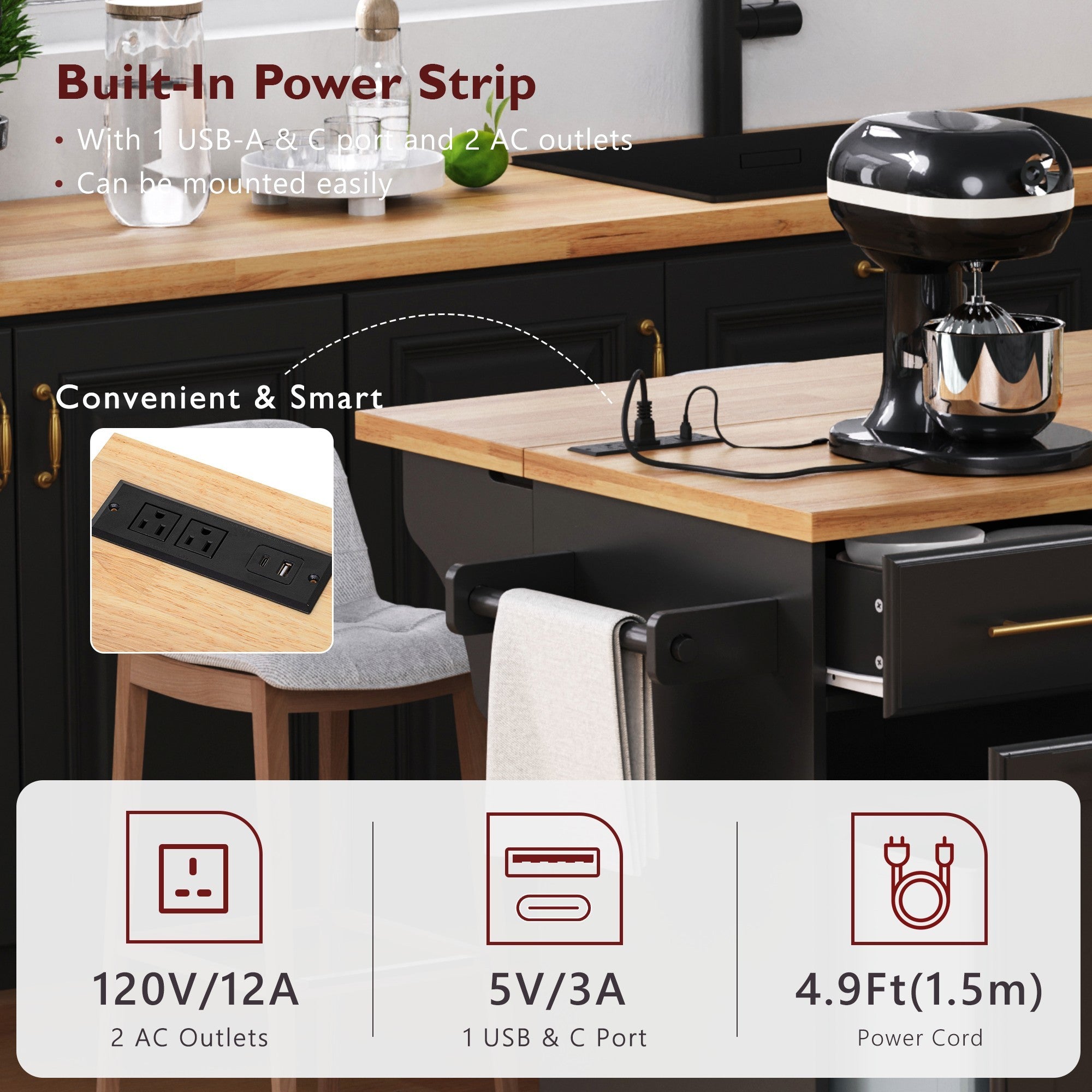 K&K 59.3' Kitchen Island with Storage 2 Pull Out Cabinet Organizers & Rubber Wood Drop Leaf, Rolling Kitchen Island with Trash Can Storage, Power Outlet, Spice & Towel Rack for Kitchen, Dining, Black - Grand Goldman Shop
