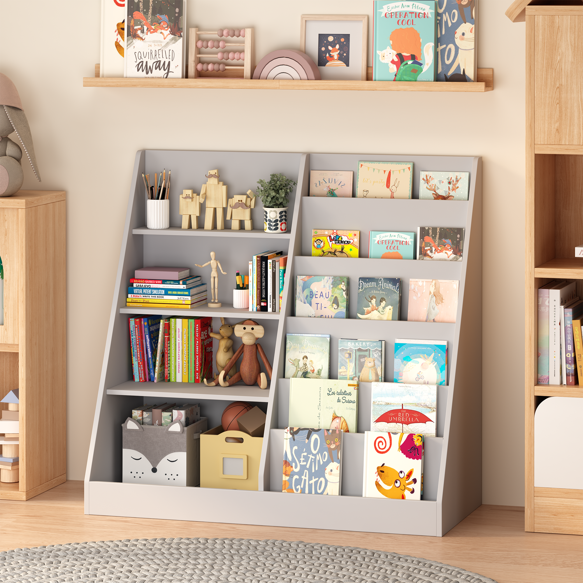 Kids Bookshelf and Toy Storage Organizer, 4-Tier Wooden Bookcase with Display Stand in Gray MDF for Nursery, Playroom, or Chi