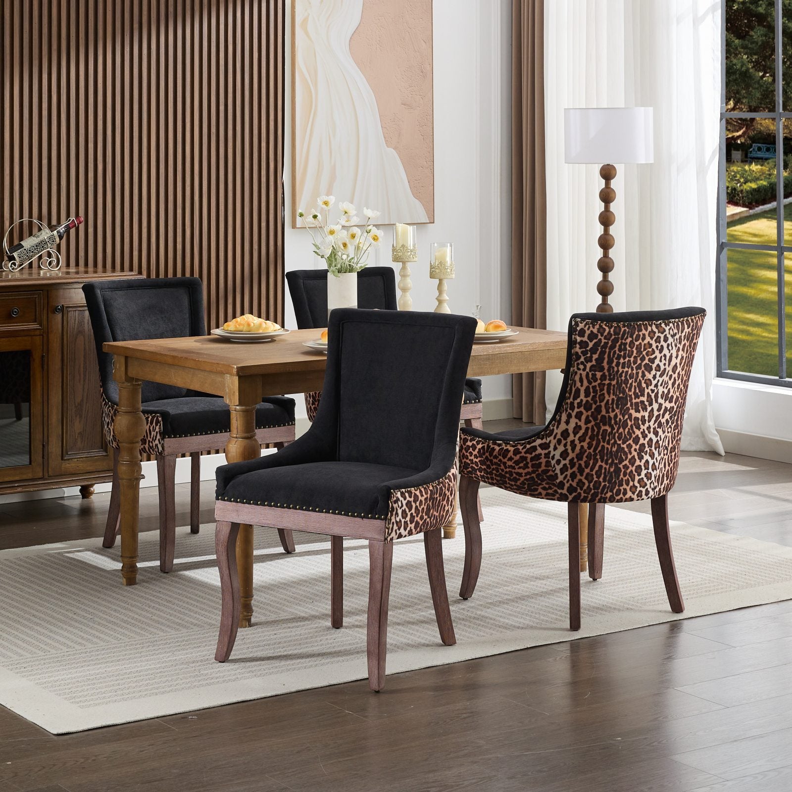 A&A Furniture,Ultra Side Dining Chair, Thickened fabric chairs with neutrally toned solid wood legs, Bronze nail head, Set of 2,Leopard Print - Grand Goldman Shop