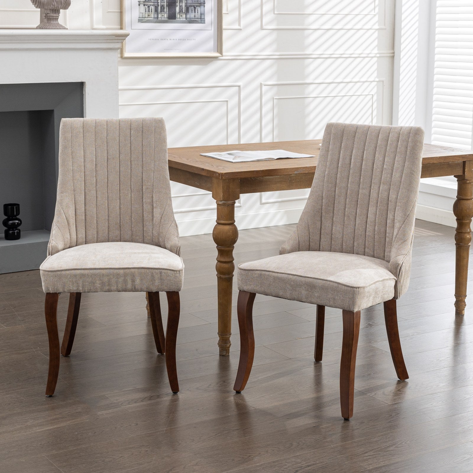 Rayon Cloth Flocking Linen Dining Chairs Channel Kitchen Dinner Chair Comfy Fabric Upholstered Accent Chair for Dining Room with Curved Solid Wood Legs,Set of 2 (Beige), SW1847BG - Grand Goldman Shop