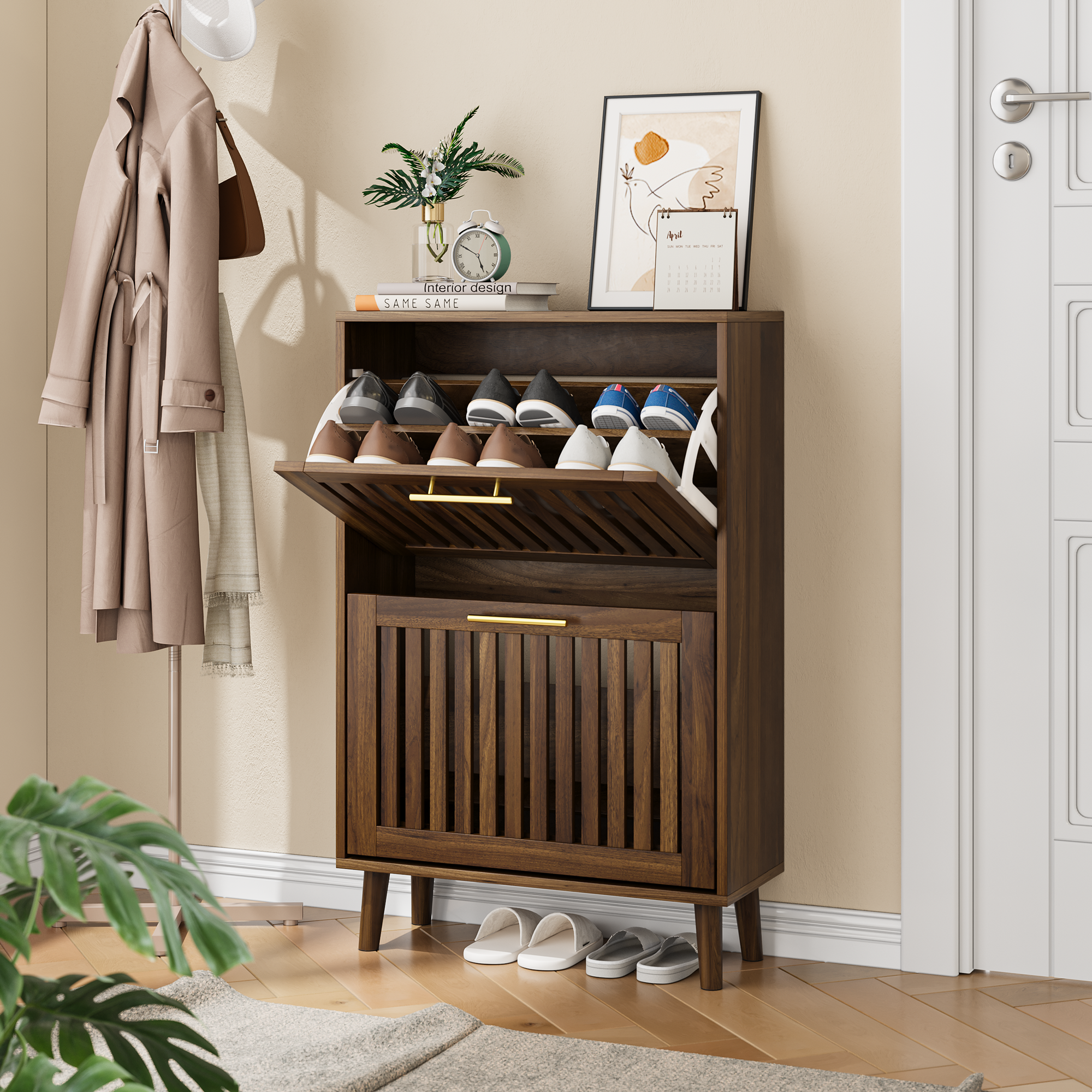 Medieval Modern Walnut Shoe Cabinet With 2 Flip Drawers And Fence Design, 23.6-Inch,MDF - Grand Goldman Shop