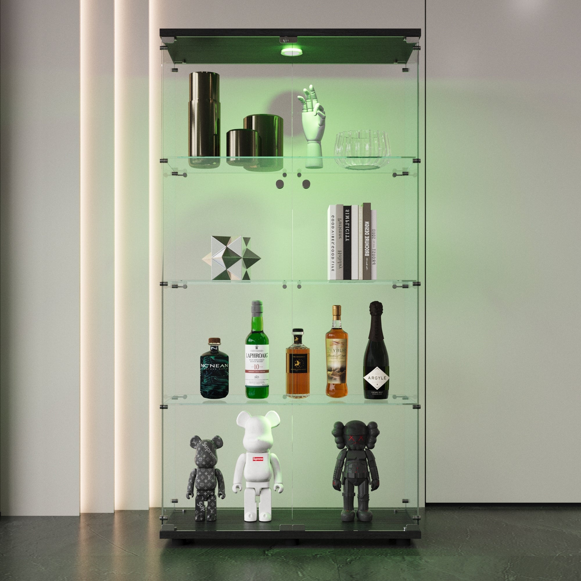Two-door LED lights  Glass Display Cabinet 4 Shelves with Door, Floor Standing Curio Bookshelf for Living Room Bedroom Office