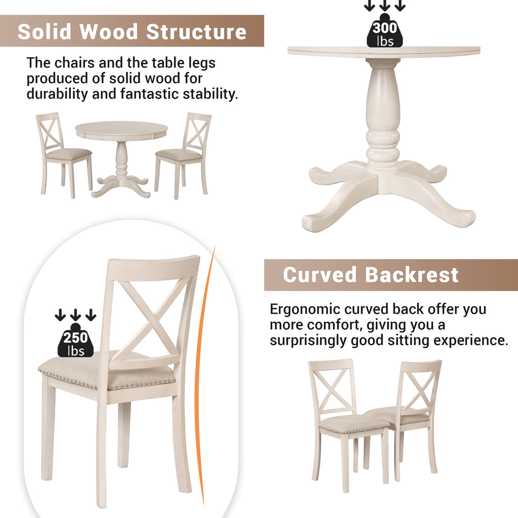 Antique White Modern Dining Table Set for 4 with Round Table and Chairs, Solid Wood & MDF - Grand Goldman Shop