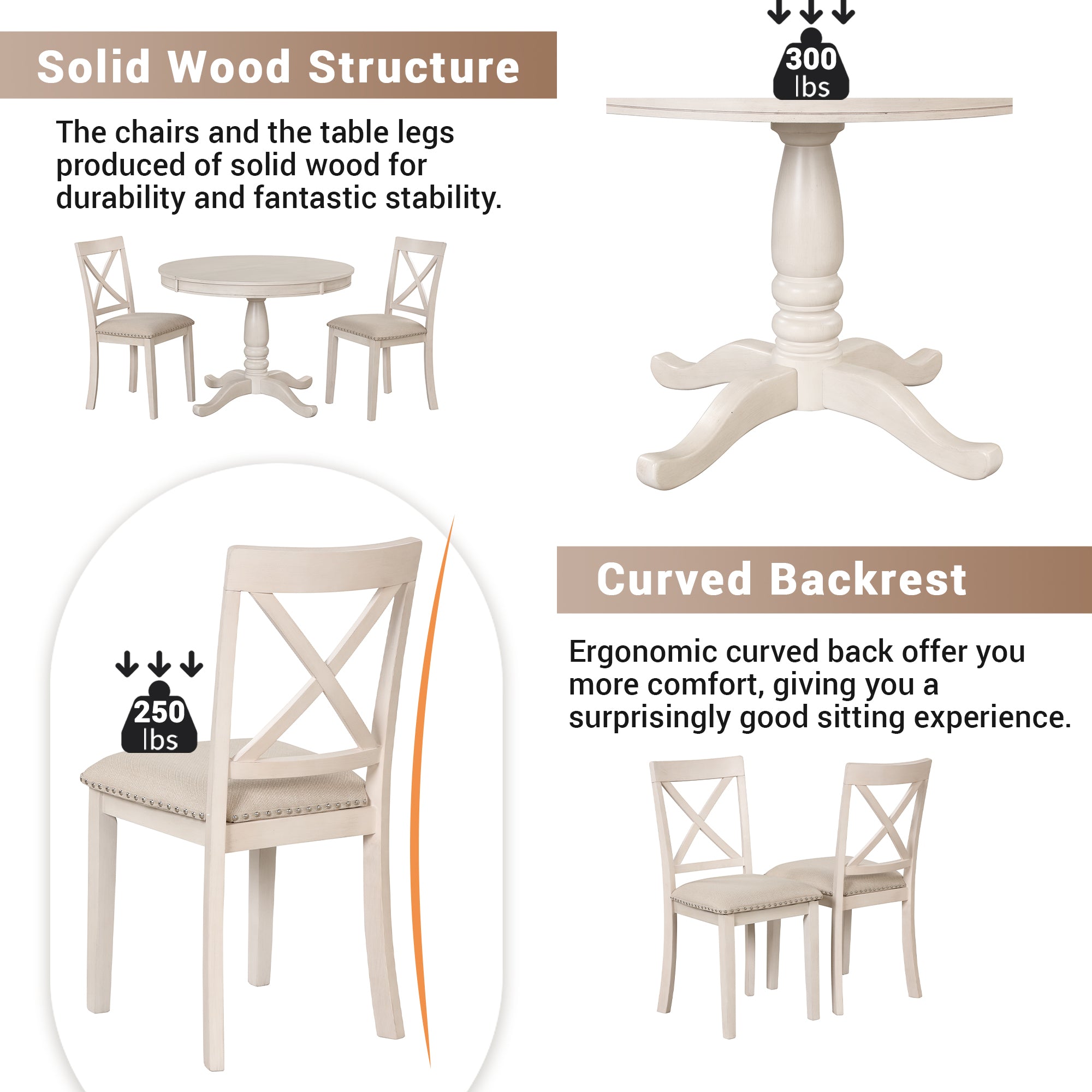 Antique White Modern Dining Table Set for 4 with Round Table and Chairs, Solid Wood & MDF - Grand Goldman Shop