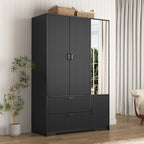 4 Doors Wardrobe Closet with Mirror, LED Wardrobe with Doors and 2 Drawers, Wooden Wardrobe Storage Cabinet with Hanging Rod, Adjustable Shelves, Black - Grand Goldman Shop