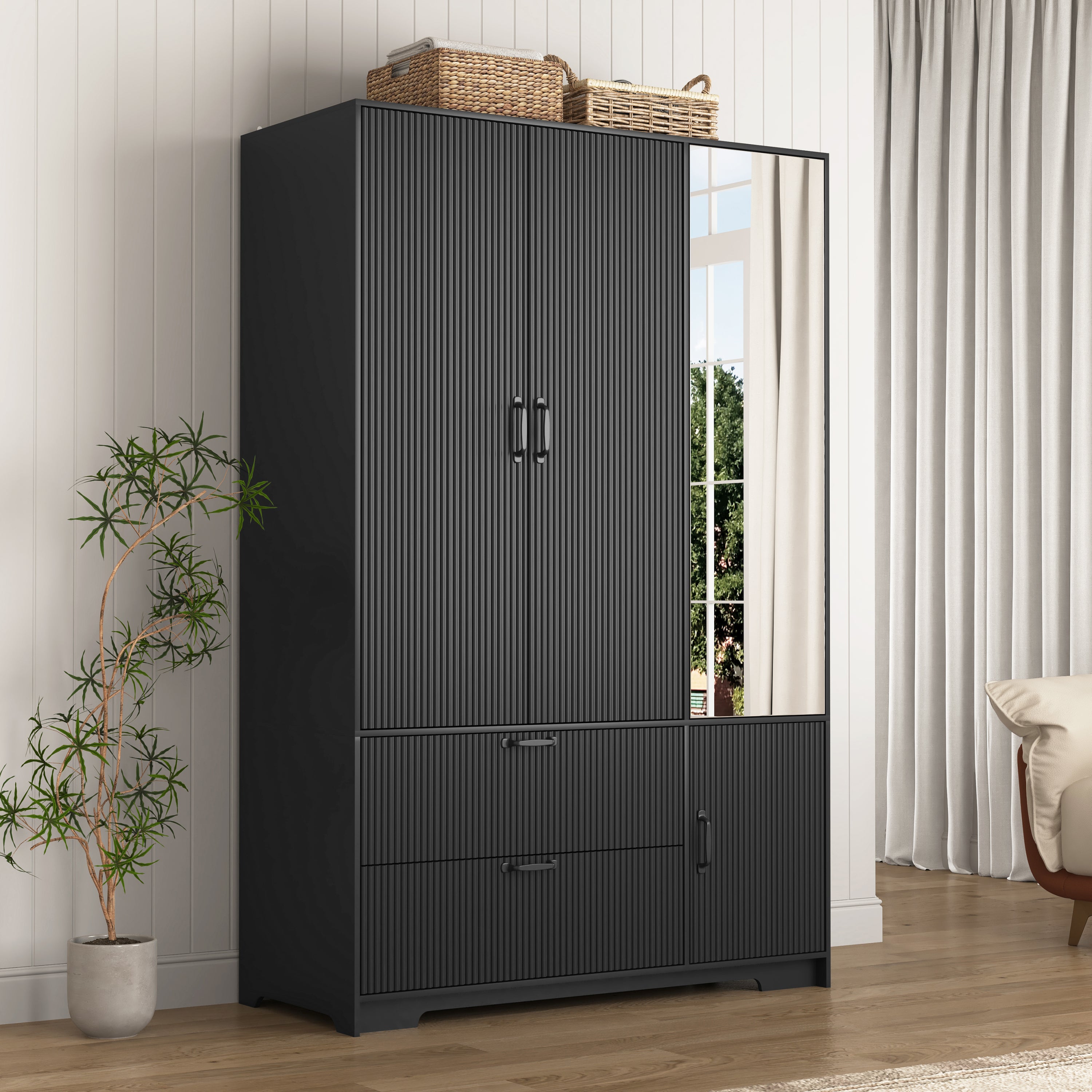 4 Doors Wardrobe Closet with Mirror, LED Wardrobe with Doors and 2 Drawers, Wooden Wardrobe Storage Cabinet with Hanging Rod, Adjustable Shelves, Black - Grand Goldman Shop