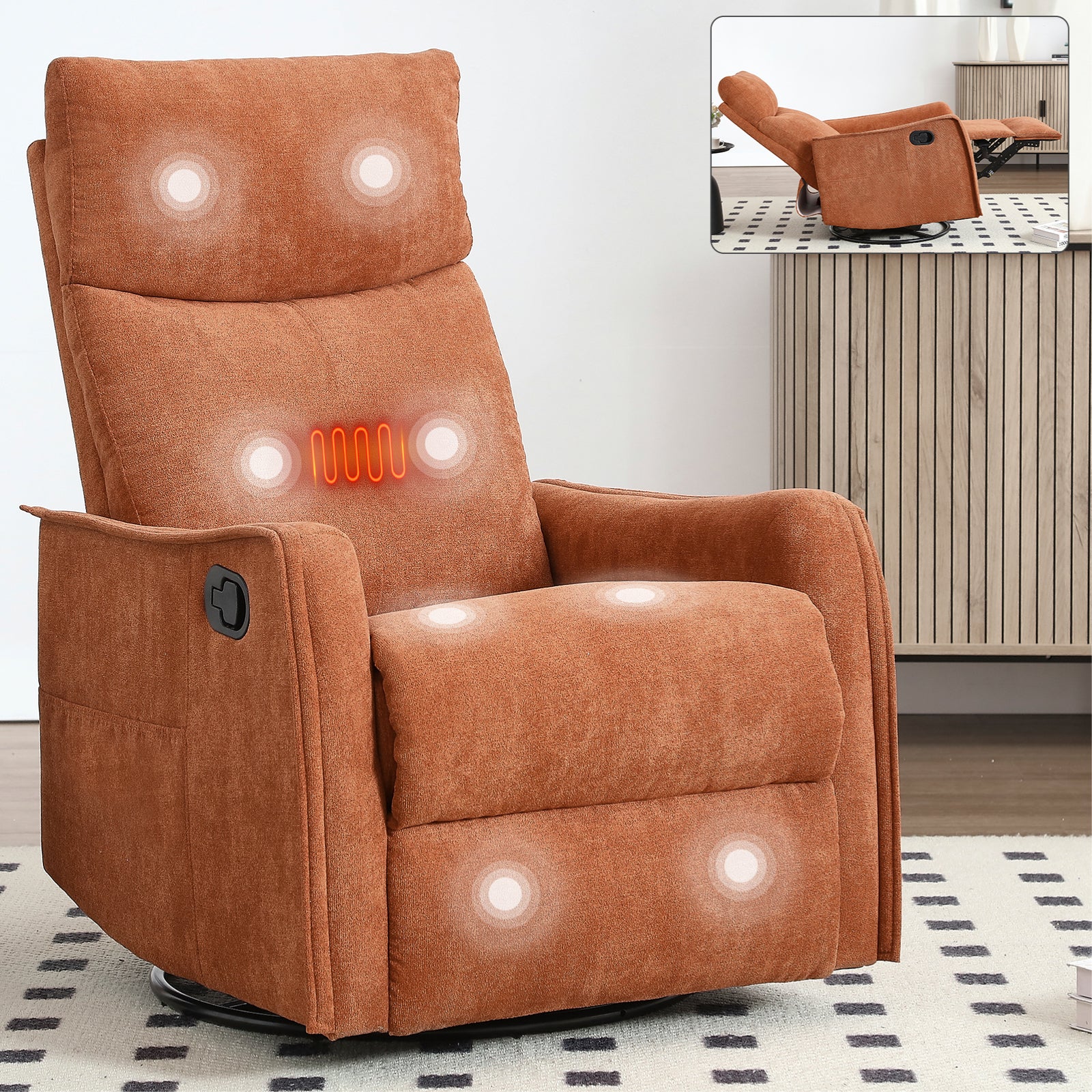 Heat Massage Manual Recliner Chair with Rocker and Swivel in Fabric for Living Room, Orange - Grand Goldman Shop