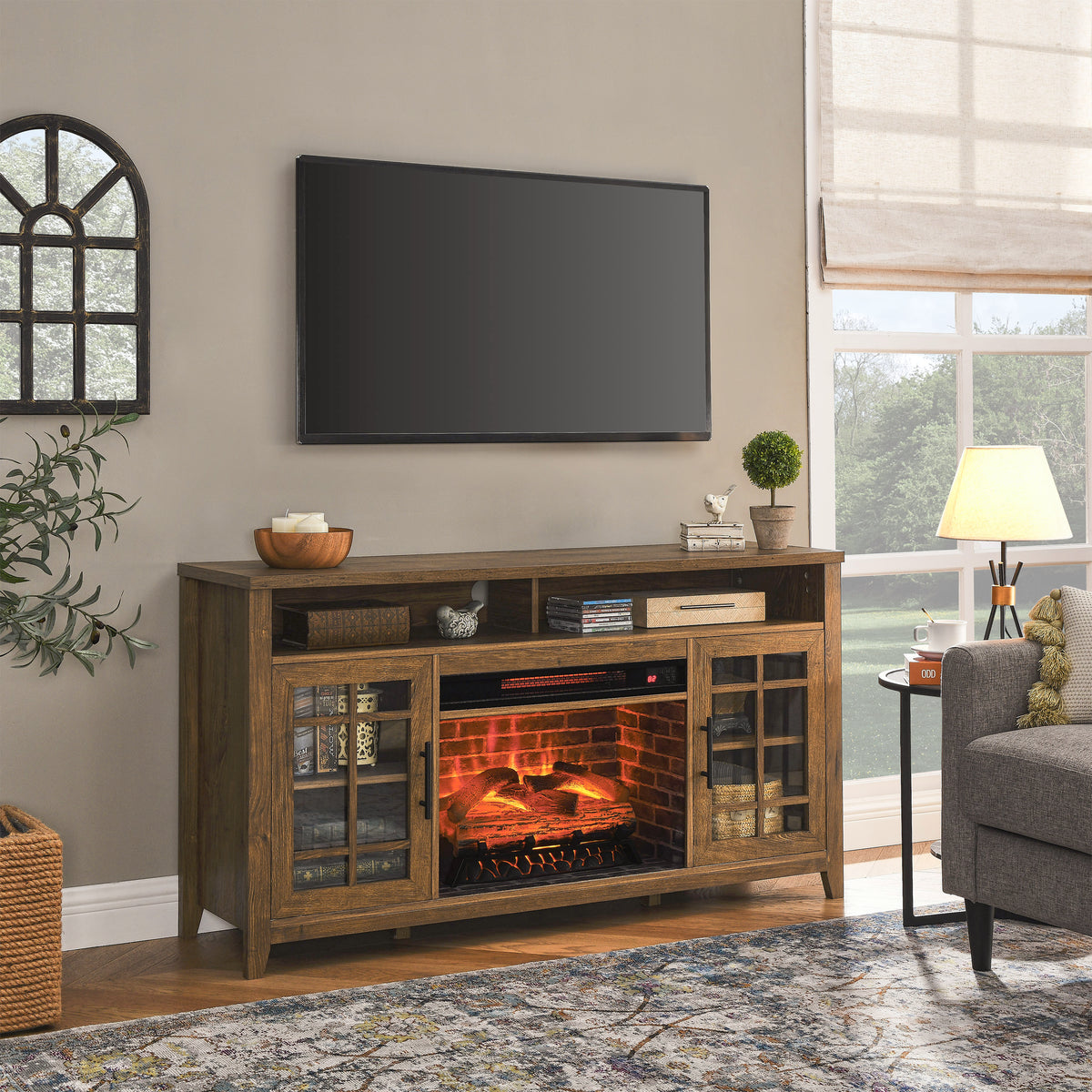 55 inch TV Media Stand with Electric Fireplace KD Inserts Heater,Reclaimed Barnwood Color - Grand Goldman Shop