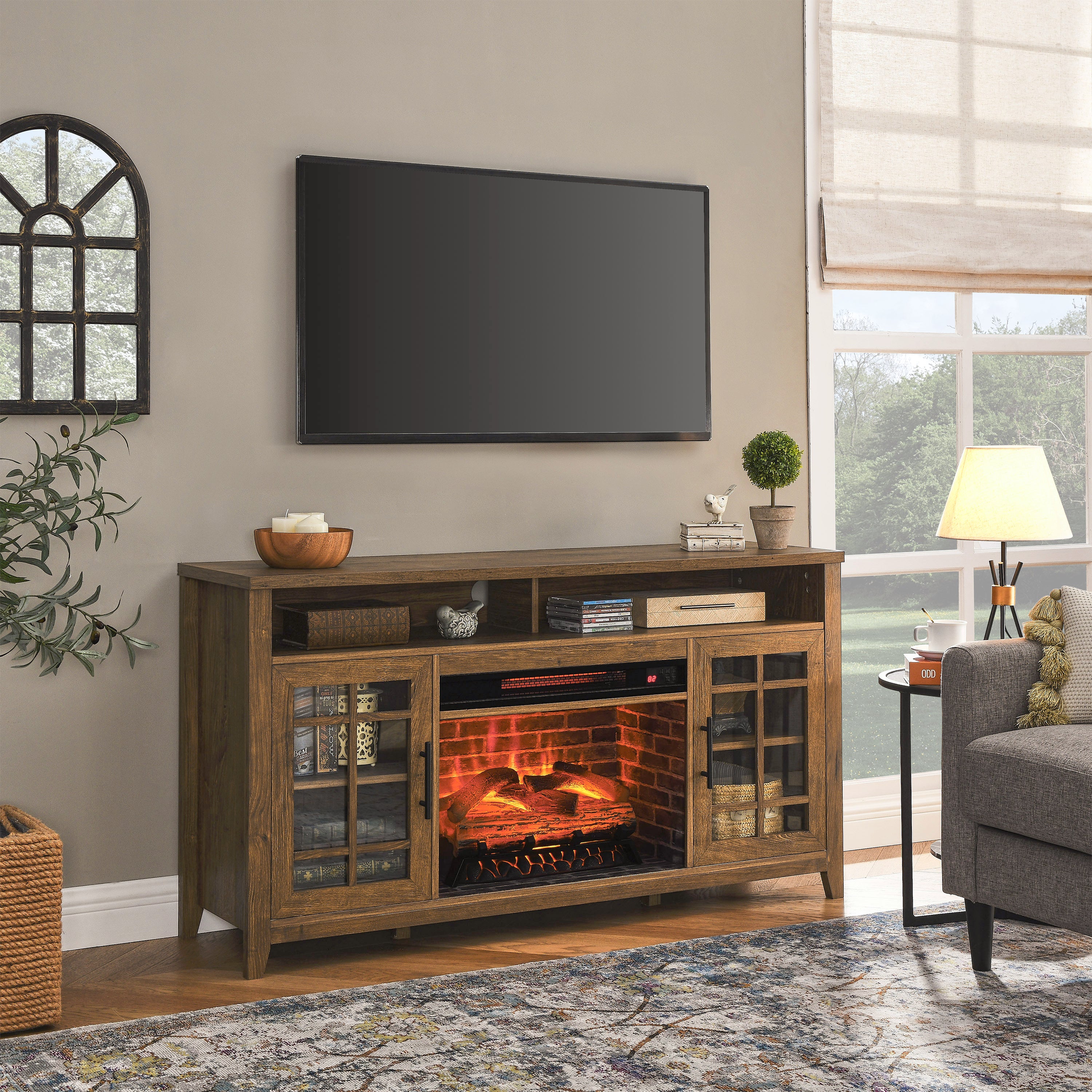 55 inch TV Media Stand with Electric Fireplace KD Inserts Heater,Reclaimed Barnwood Color - Grand Goldman Shop