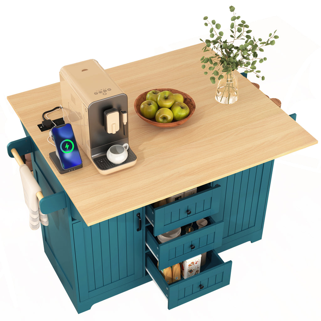 K&K 55.7'' Large Kitchen Island with 2 Drop Leaf,, Rolling Kitchen Cart on 5 Wheels with Power Outlet, Folding Storage Dining Table with Spice & Towel Rack , 3 Drawers, for Kitchen, Dining Room,Green - Grand Goldman Shop