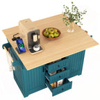 K&K 55.7'' Large Kitchen Island with 2 Drop Leaf,, Rolling Kitchen Cart on 5 Wheels with Power Outlet, Folding Storage Dining Table with Spice & Towel Rack , 3 Drawers, for Kitchen, Dining Room,Green - Grand Goldman Shop