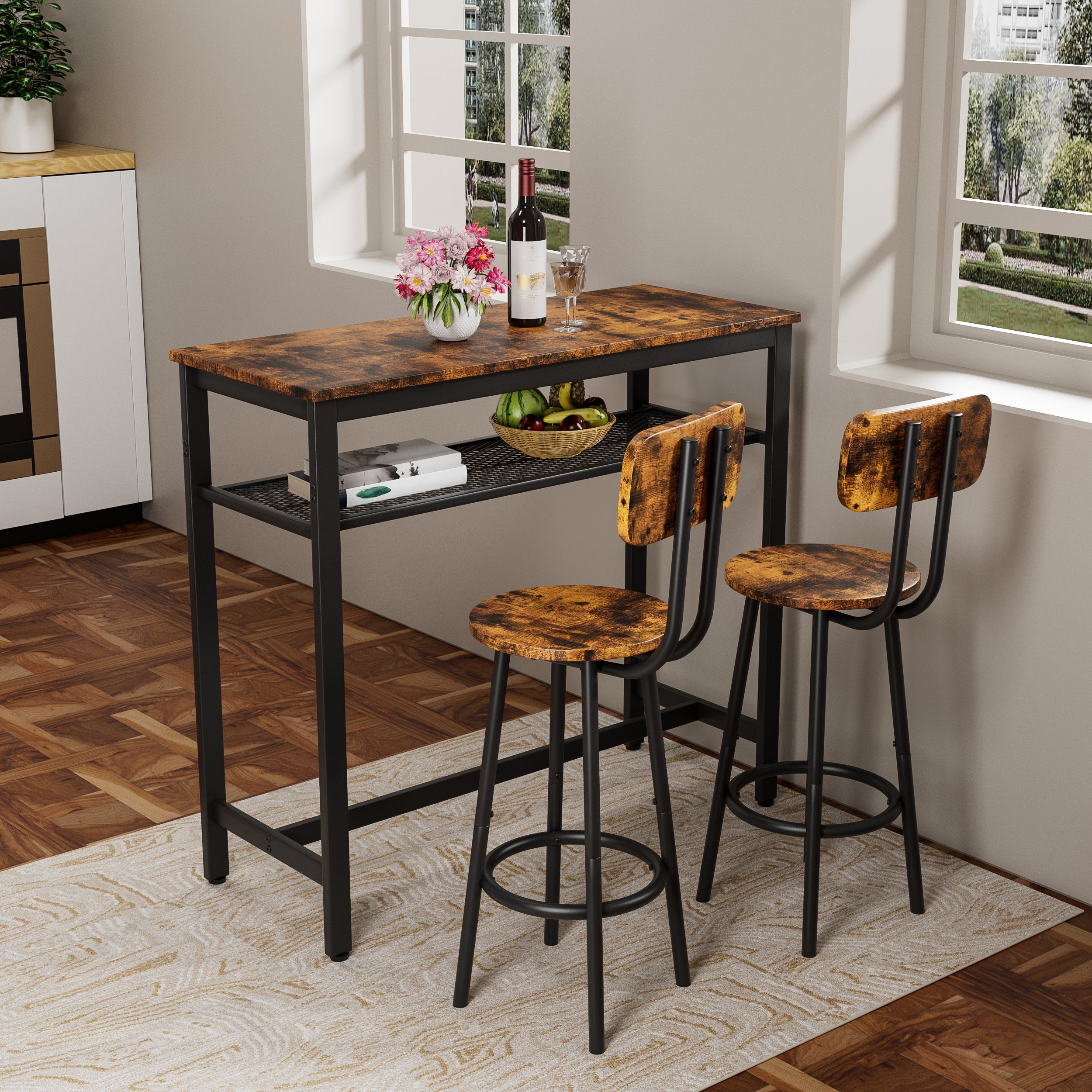 Bar table, equipped with 2 bar stools , with backrest and partition (Rustic Brown) - Grand Goldman Shop