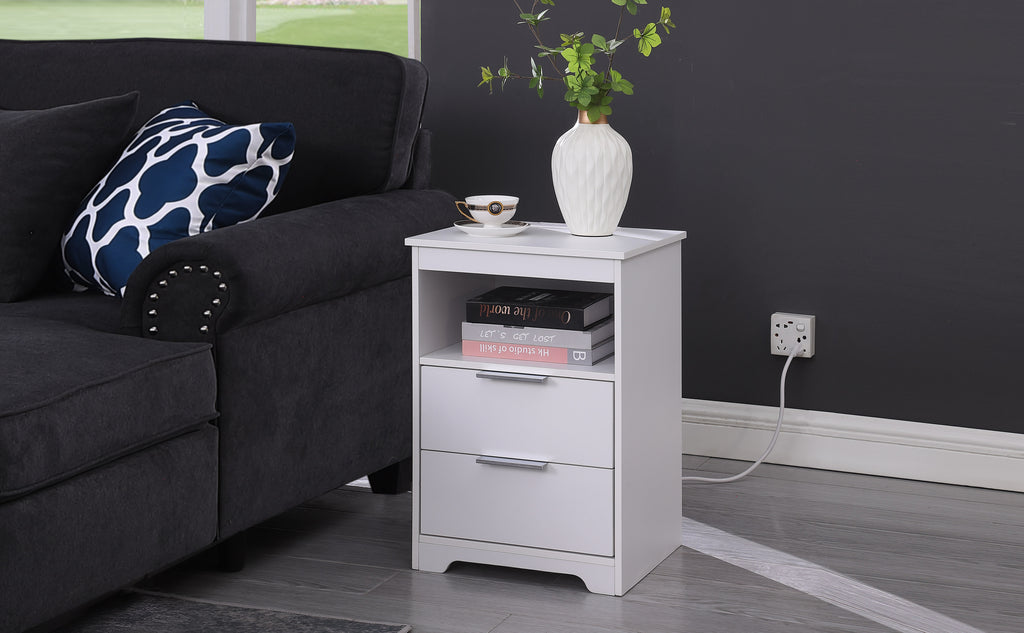 Nightstand with Charging Station,End Table with 2 Drawers,Wooden End Table with Drawer and Opening Shelf,Side Table for Bedroom, White - Grand Goldman Shop