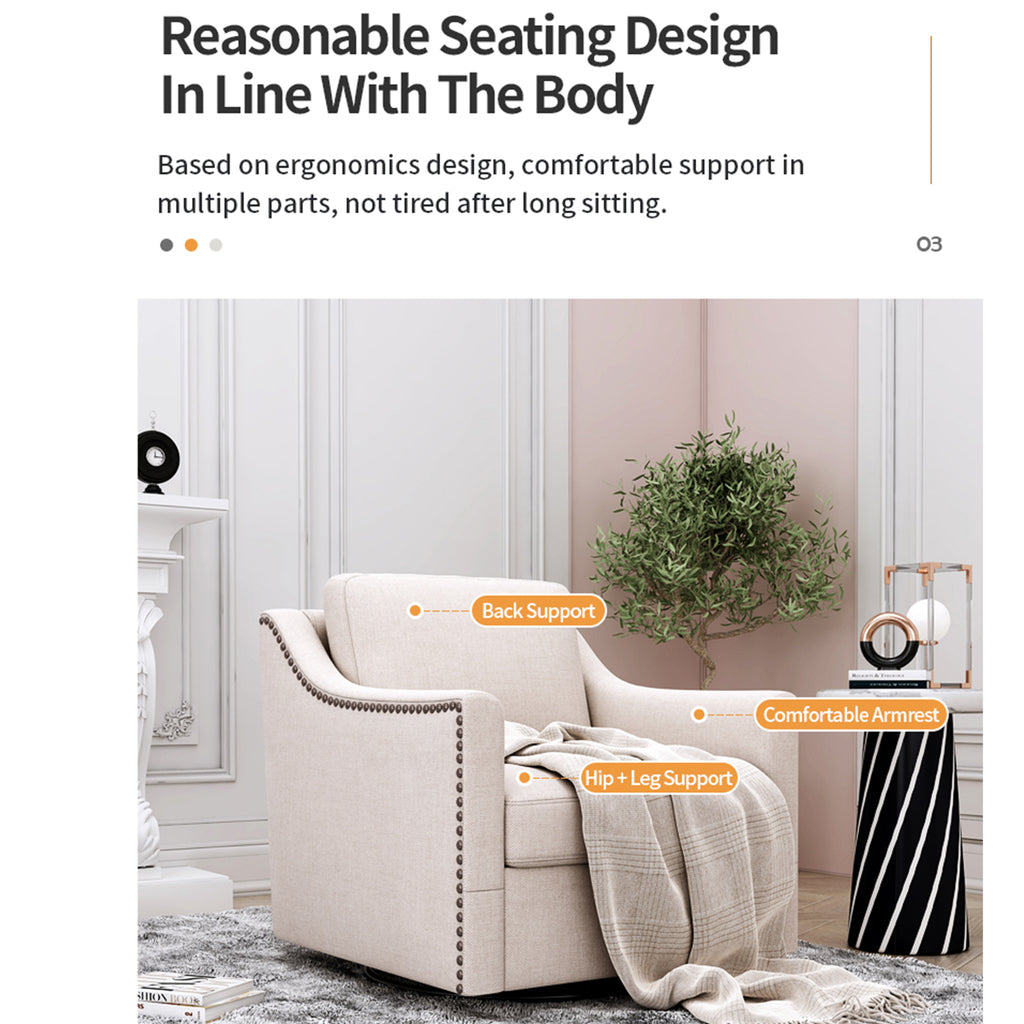 Ergonomic Swivel Armchair with Cotton Linen Upholstery and Brass Nail Decoration, Black Legs - Grand Goldman Shop