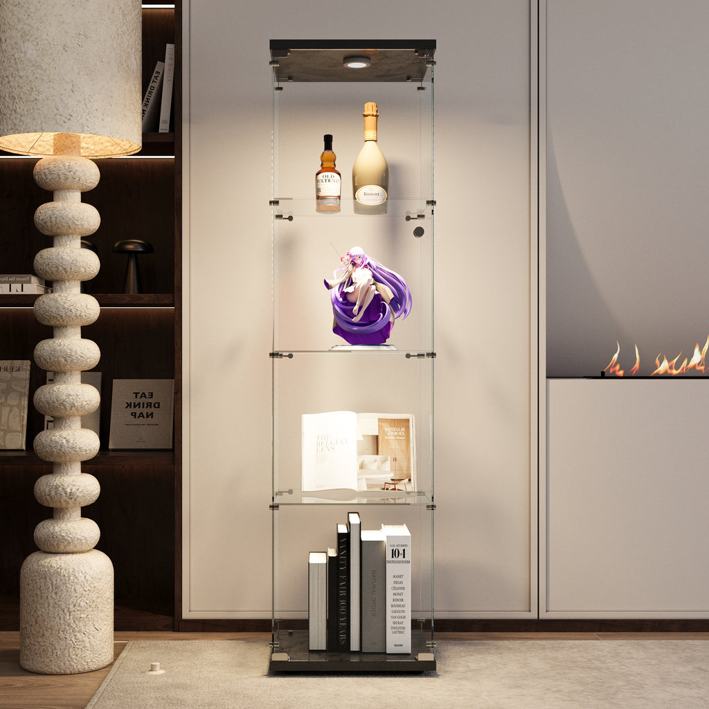 LED lights  Glass Display Cabinet 4 Shelves with Door, Floor Standing Curio Bookshelf for Living Room Bedroom Office, 64.7'*1