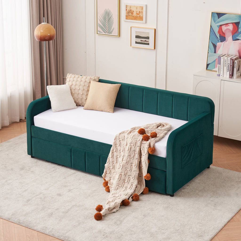 Twin Upholstered Daybed Frame with Trundle, Twin Size Sofa Bed for Bedroom Living Room Guest Room, Wood Slat Support,Emerald - Grand Goldman Shop