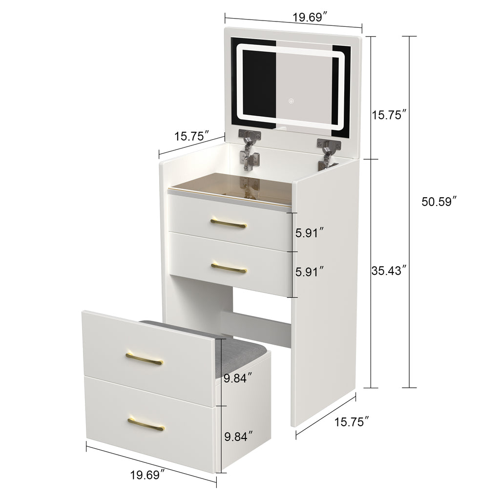 Compact 3 in 1 Vanity Desk with Open Top Mirror, Glass Desktop, White MDF, 50.39' Height - Grand Goldman Shop