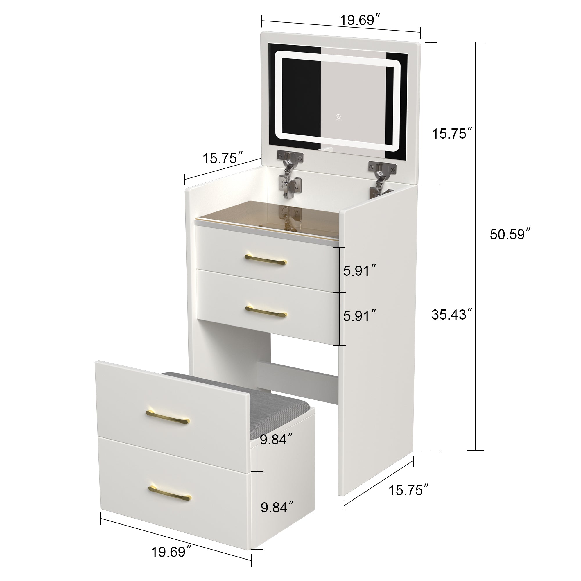 Compact 3 in 1 Vanity Desk with Open Top Mirror, Glass Desktop, White MDF, 50.39' Height - Grand Goldman Shop