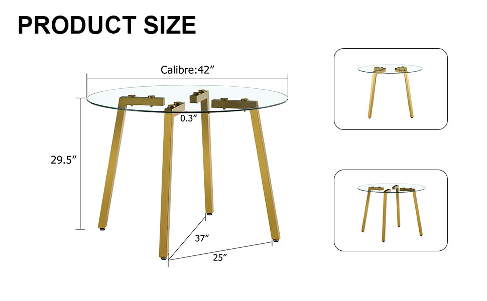 Modern minimalist style circular transparent tempered glass table, tempered glass tabletop, golden metal legs, suitable for kitchen, dining room, and living room, 42 '* 42' * 29.5 '1123r - Grand Goldman Shop