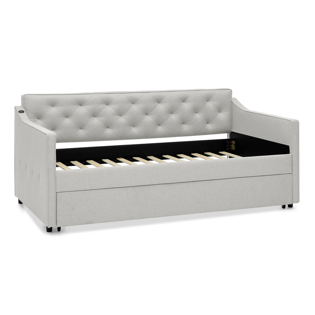 Beige Linen Upholstered Twin Daybed with Pop-up Trundle and USB Charging Armrest - Grand Goldman Shop