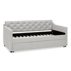 Beige Linen Upholstered Twin Daybed with Pop-up Trundle and USB Charging Armrest - Grand Goldman Shop