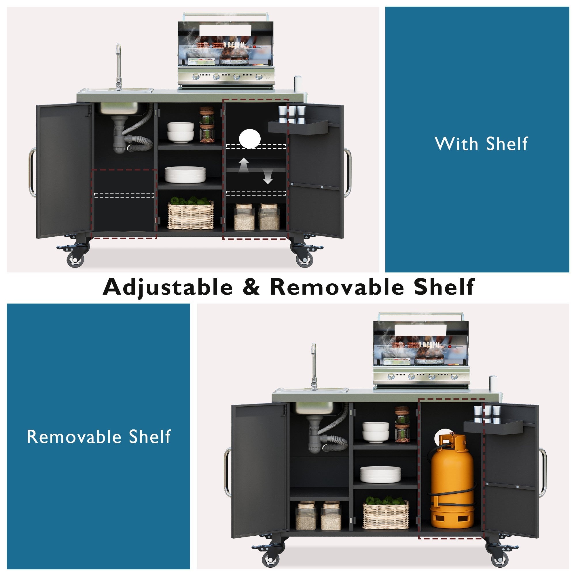 K&K 55.5' Outdoor Kitchen Island with Sink, Metal Grill Cart Table with 304 Stainless Steel Sink, Outdoor Bar Cart Sink Station with 4 Lockable Wheels for Pizza Prep & BBQ, L 55.5' x W 20' H 36.7' - Grand Goldman Shop