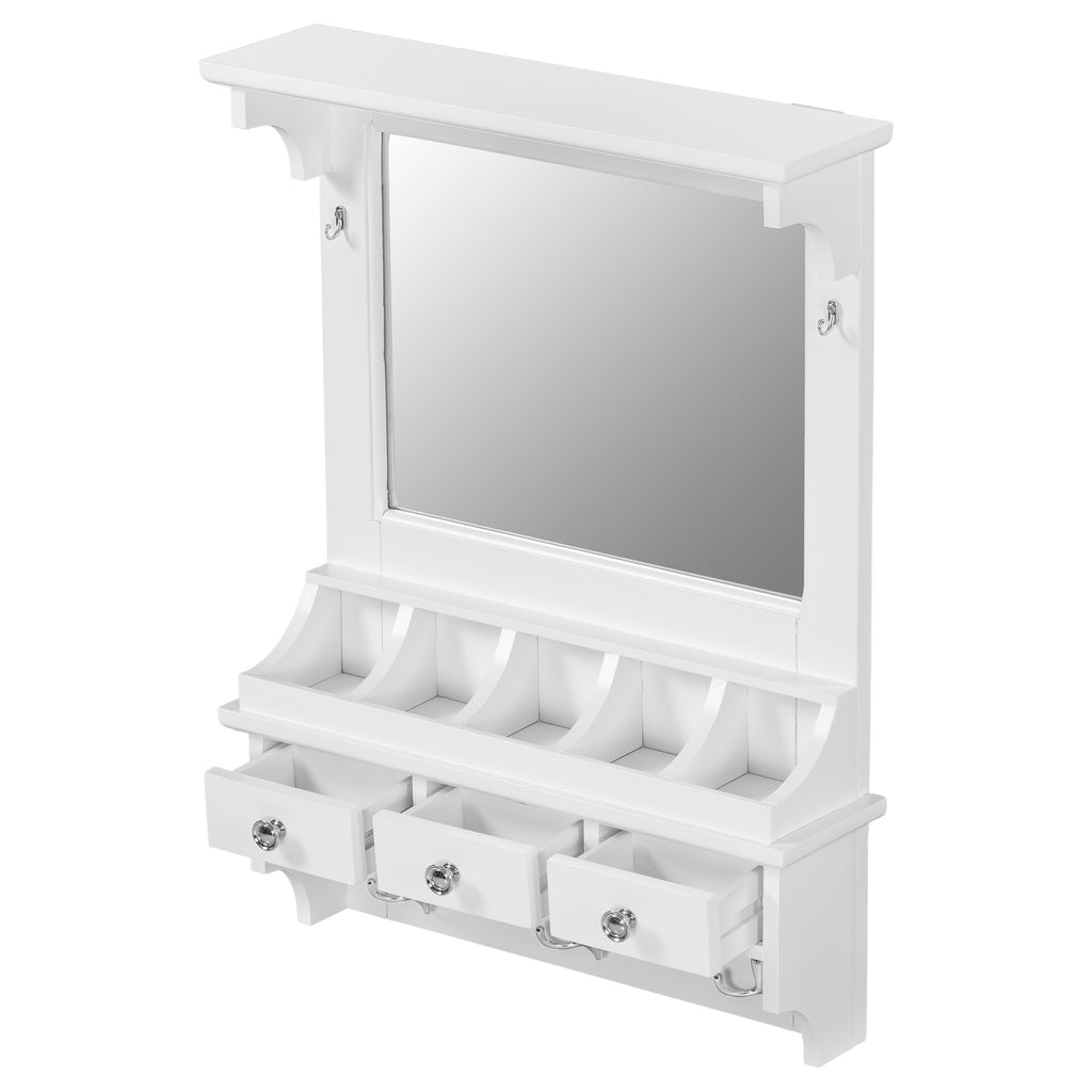 Floating Makeup Vanity with Big Mirror, Wall-Mounted Storage Vanity with Drawers, Pockets & Hooks, Space-Saving Decorative Home Organizer, White, Engineered Wood, 23.8 x 6.1 x 31.8 inches - Grand Goldman Shop