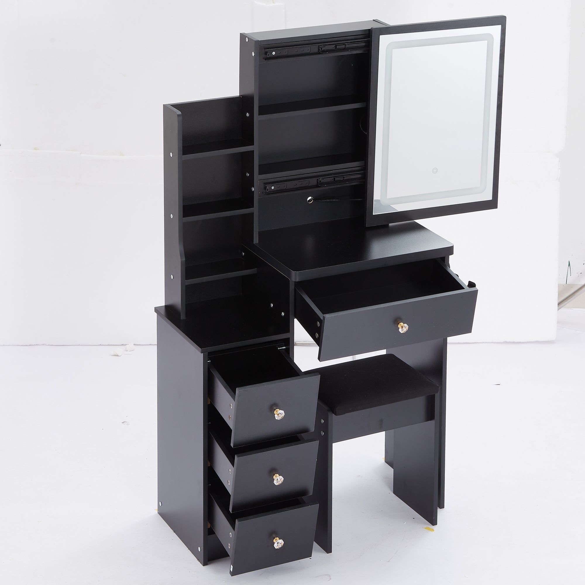 29.2' Small Size Left Bedside Cabinet Vanity Table + Cushioned Stool, 2 AC+2 USB Power Station, Hair dryer bracket, Extra Large Touch Control Sliding LED Mirror, Tri-color Switching, Brightness Adjust - Grand Goldman Shop