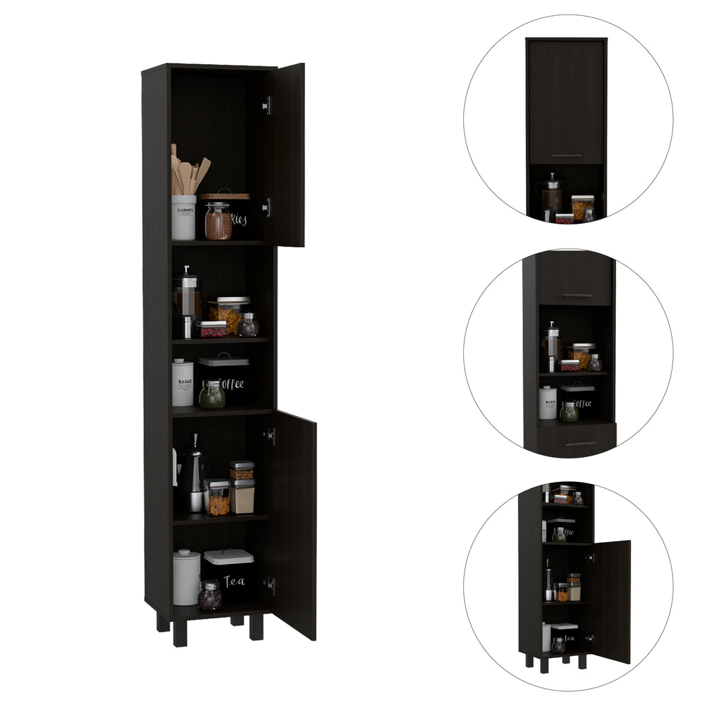 Hobart Pantry, Four Legs, Three Interior Shelves, Two Shelves, Two Cabinets -Black - Grand Goldman