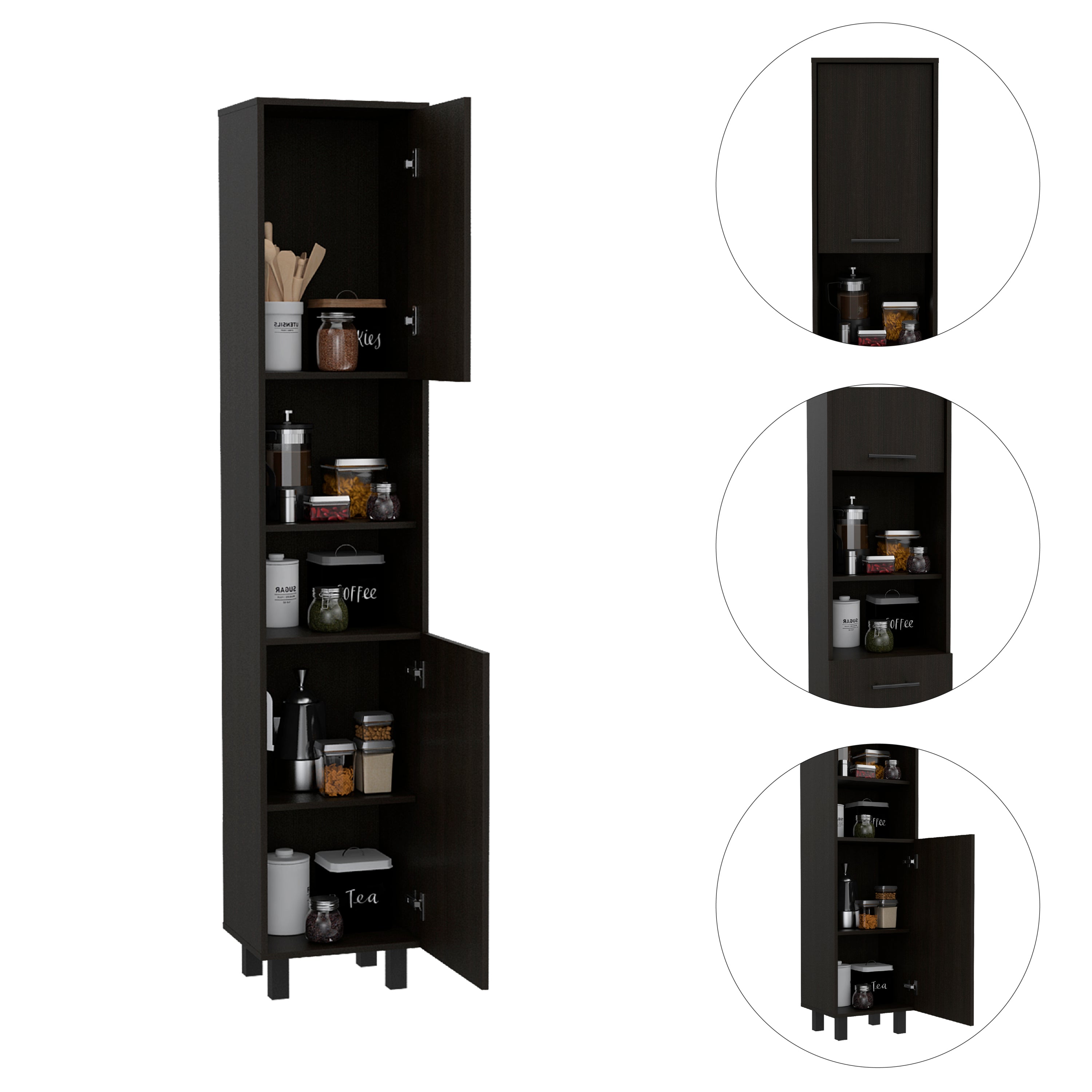 Hobart Pantry, Four Legs, Three Interior Shelves, Two Shelves, Two Cabinets -Black - Grand Goldman
