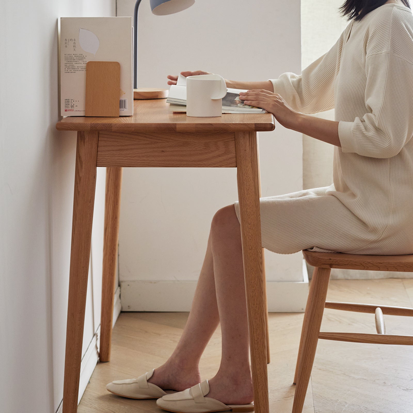 Desk 100% solid wood natural wood computer desk study desk oak natural wood PC desk work desk dressing table slim solid wood with drawer simple work from home width 80 cm depth 50 cm wood grain wooden - Grand Goldman Shop