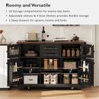K&K 54.9' Kitchen Island with Drop Leaf, Power Outlet, Kitchen Storage Cart with 4 Door Shelves, Cross Barn Doors & Visual Glass Door, Rolling Kitchen Island on 4 Wheels for Kitchen, Dining Room,Black - Grand Goldman Shop