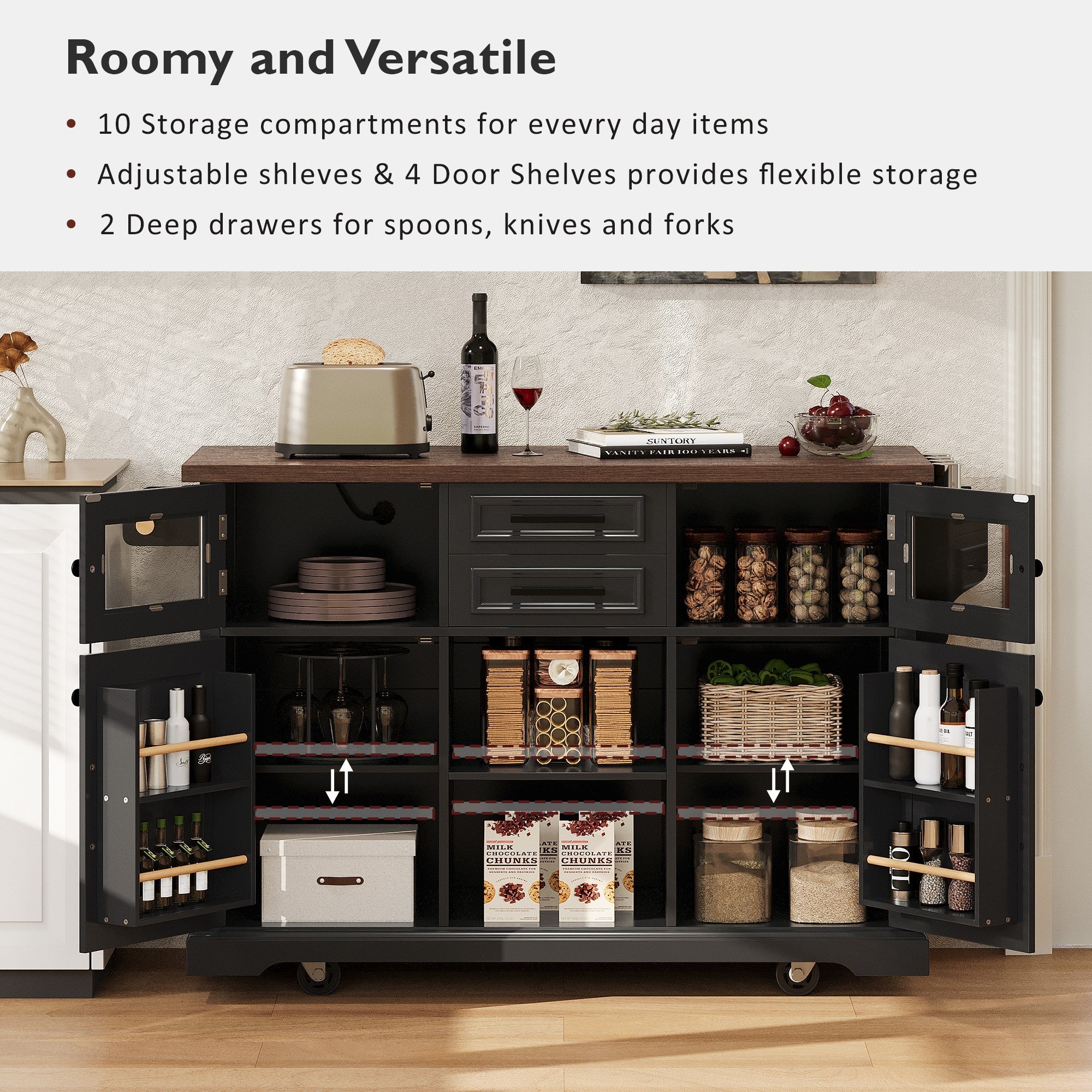K&K 54.9' Kitchen Island with Drop Leaf, Power Outlet, Kitchen Storage Cart with 4 Door Shelves, Cross Barn Doors & Visual Glass Door, Rolling Kitchen Island on 4 Wheels for Kitchen, Dining Room,Black - Grand Goldman Shop