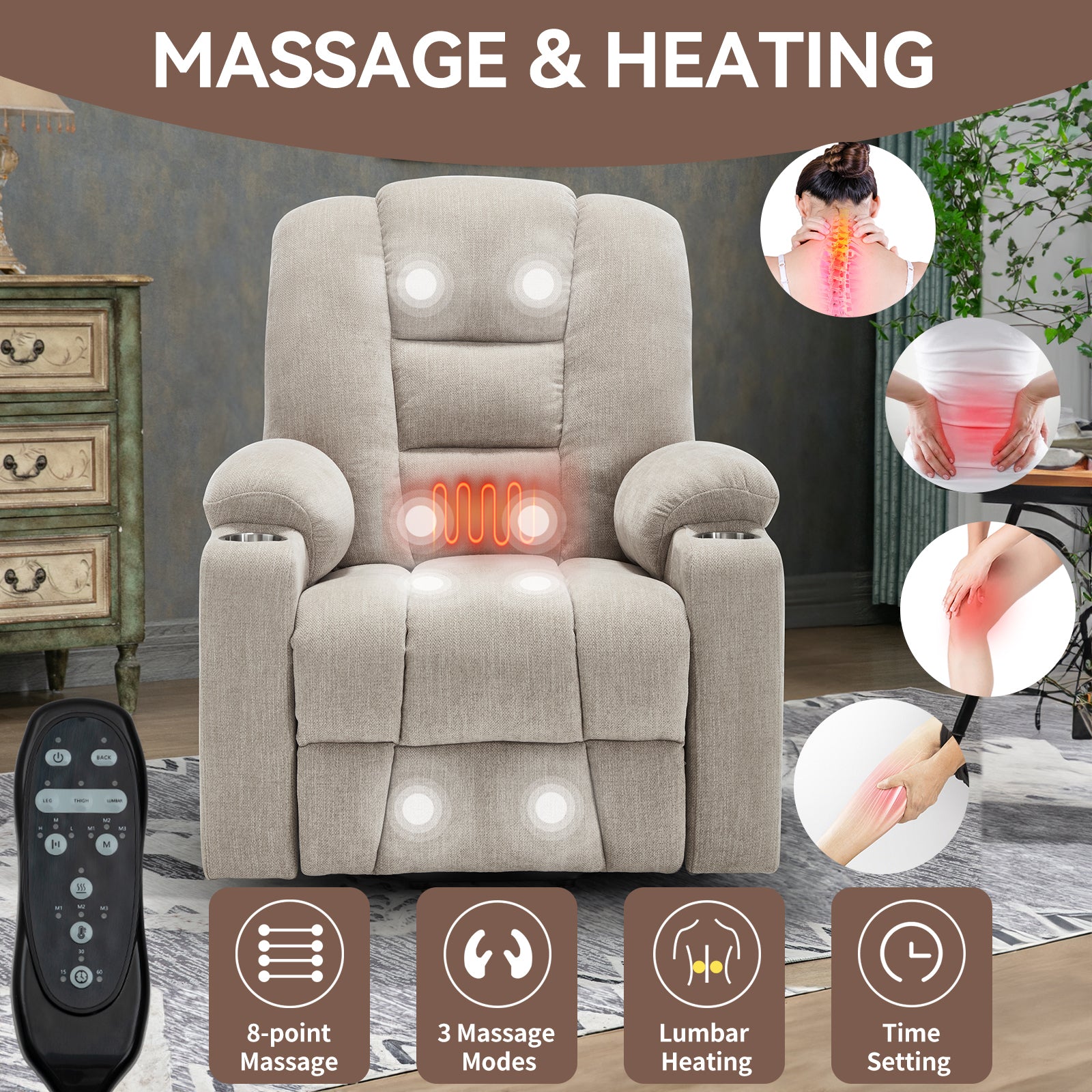 Power Lift Recliner Chair with Massage and Heat for Elderly, Overstuffed Wide Recliners, Heavy Duty Motion Mechanism with USB and Type C Ports, 2 Steel Cup Holders, Beige - Grand Goldman Shop