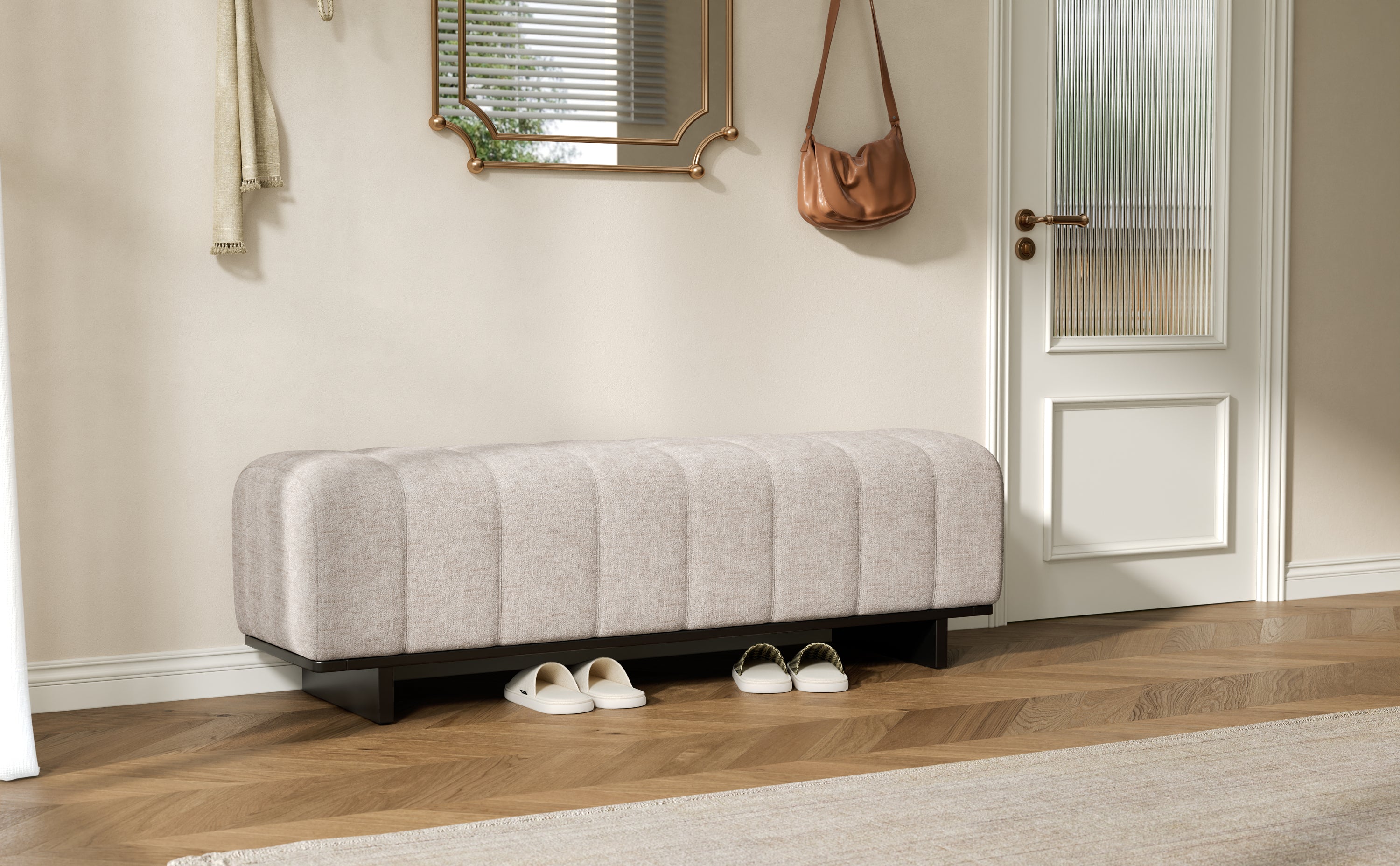 Indoor Dining Bench in Oatmeal Chenille Fabric with Rubber Wood Legs, Comfortable Seating for Dining Room or Living Area - Grand Goldman Shop