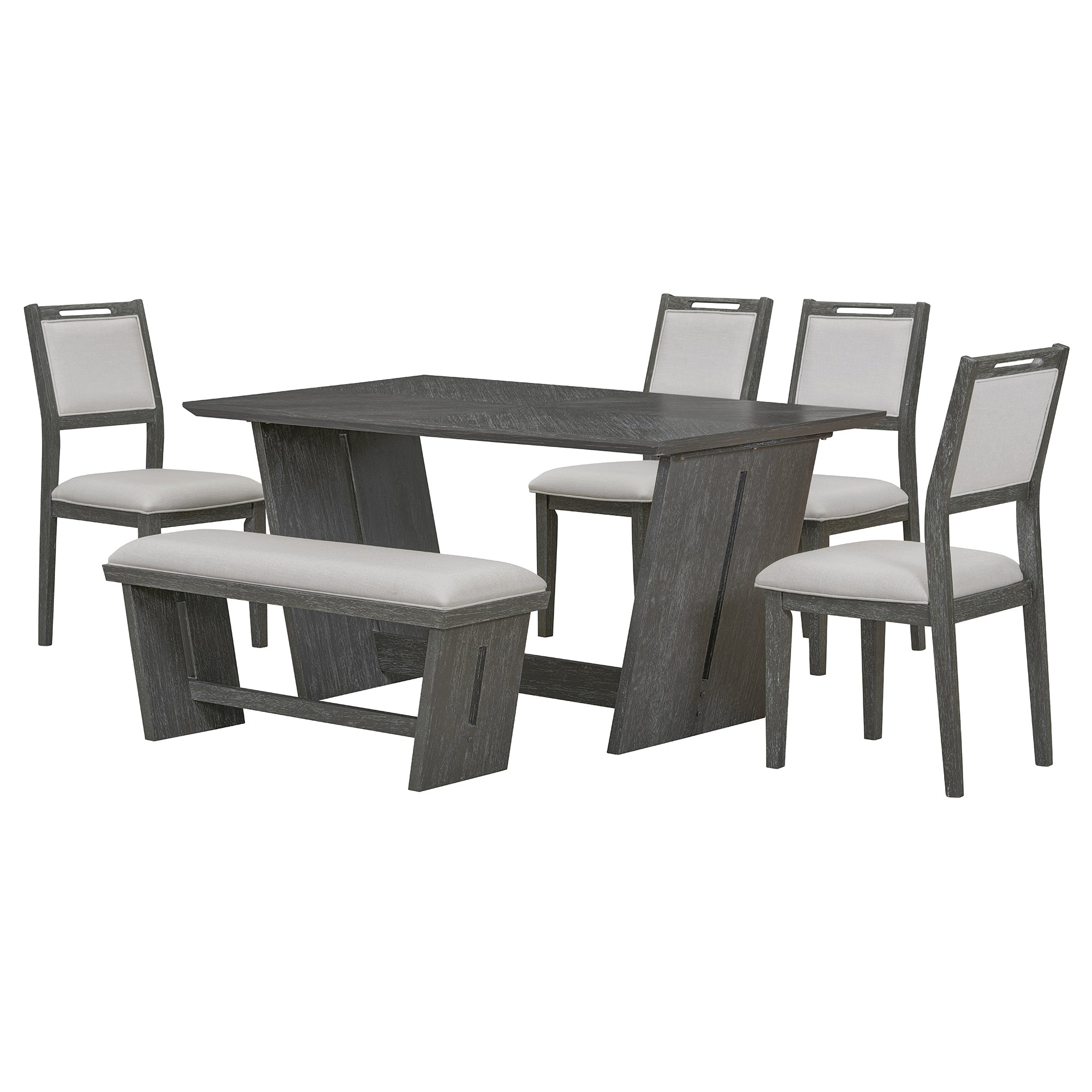 TREXM 6-Piece Retro Dining Table Set for 6, 60' Wood Kitchen Table and Chairs Set of 4 with Bench Designed Trestle Base for kitchen & Dining Room (Gray) - Grand Goldman Shop