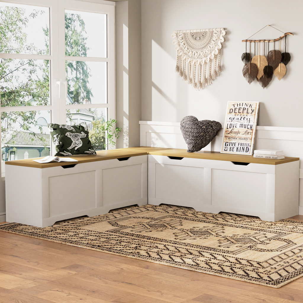 3-Piece L-Shaped Multi-Functional Storage Bench with Cushion, serving as a kitchen corner bench, toy storage box, or reading nook seat., White and Natural, 63'D x 63'W x 19.1'H - Grand Goldman Shop