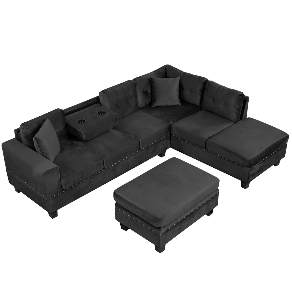 Modern Sectional Sofa with Storage Ottoman, L-Shape Couch with 2 Pillows and Cup Holders, Black Velvet, 105' - Grand Goldman Shop