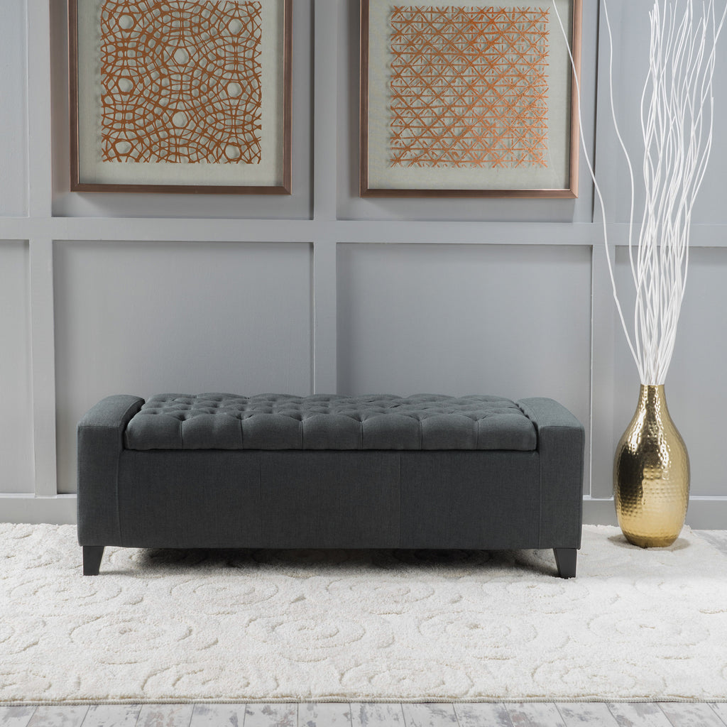 Contemporary Storage Ottoman with Tufted Top in Dark Grey Fabric - Grand Goldman Shop
