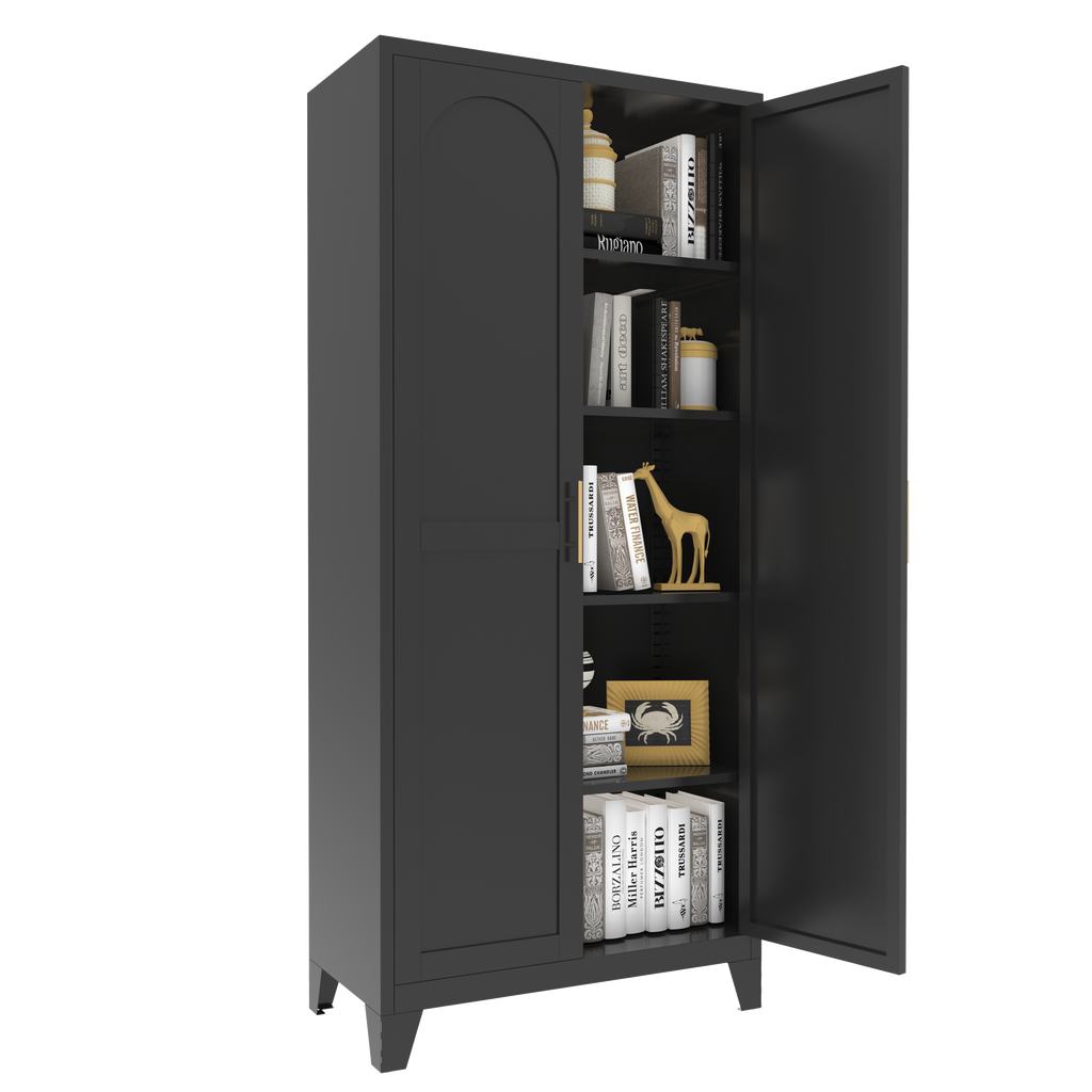 71'' 2 Shapely Doors Cabinet, Metal Storage Cabinet with Doors and Adjustable Shelves, for Bedroom, Living Room, Kitchen (Black) - Grand Goldman Shop