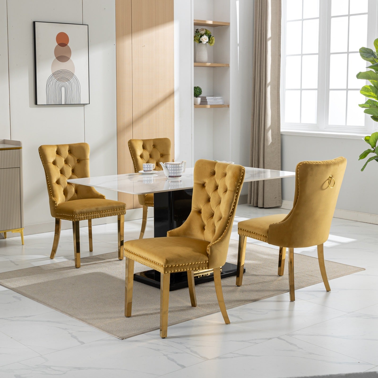 A&A Furniture,Nikki Collection Modern, High-end Tufted Solid Wood Contemporary Velvet Upholstered Dining Chair with Golden Stainless Steel Plating Legs,Nailhead Trim,Set of 2,Gold, SW1601GL - Grand Goldman Shop