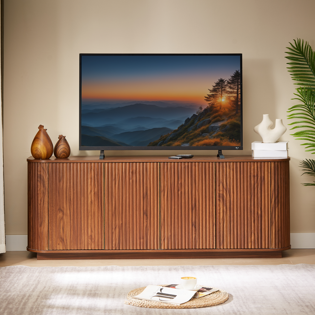 Sideboard Storage Cabinet TV Stand with wave pattern Buffet Cabinet Wooden Vertical Striped Cabinet for Kitchen/Bedroom/Entryway. Walnut, 64''W x 15''D x 24''H. - Grand Goldman Shop