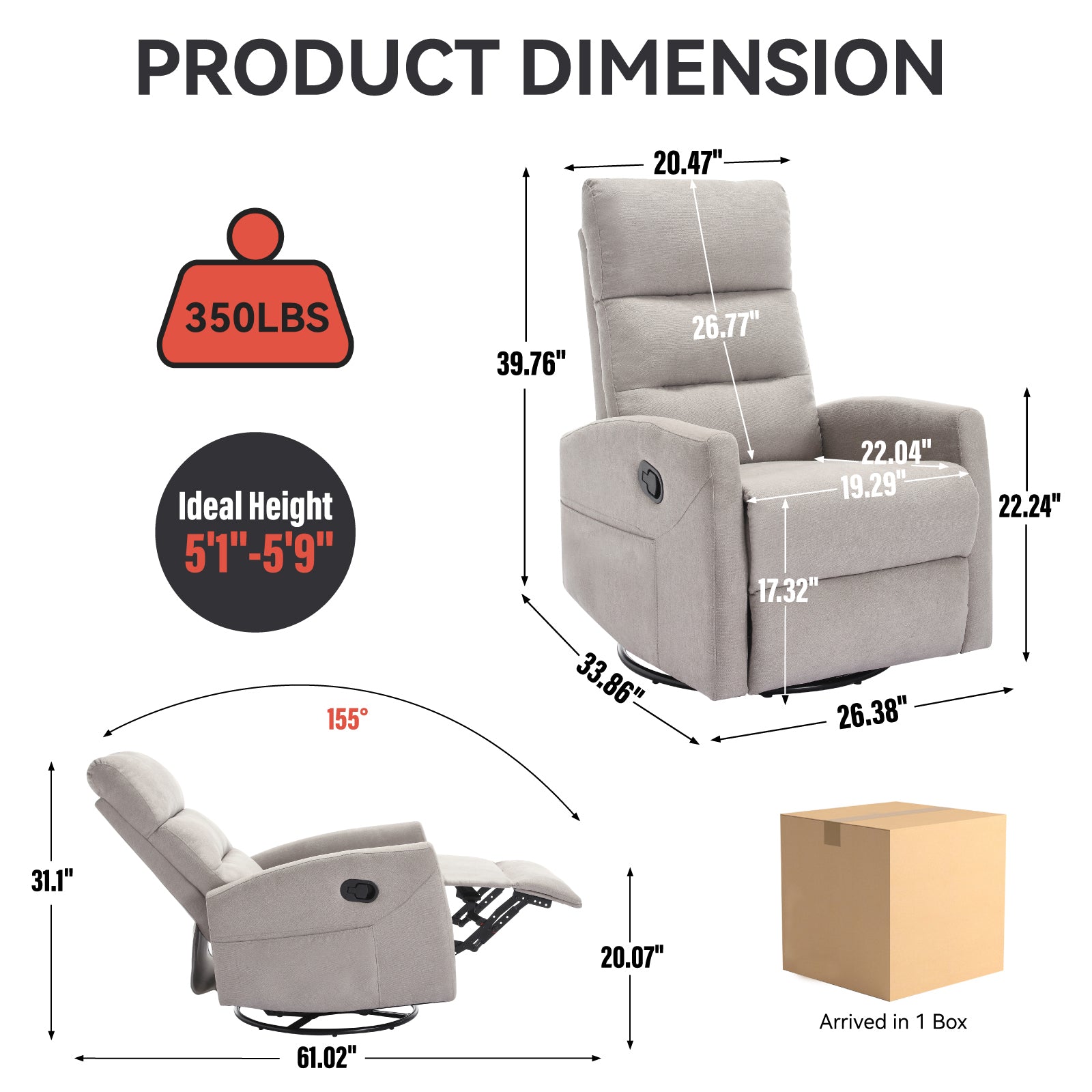 Manual Recliner Chair with Rocker and Swivel in Fabric for Living Room, Grey - Grand Goldman Shop