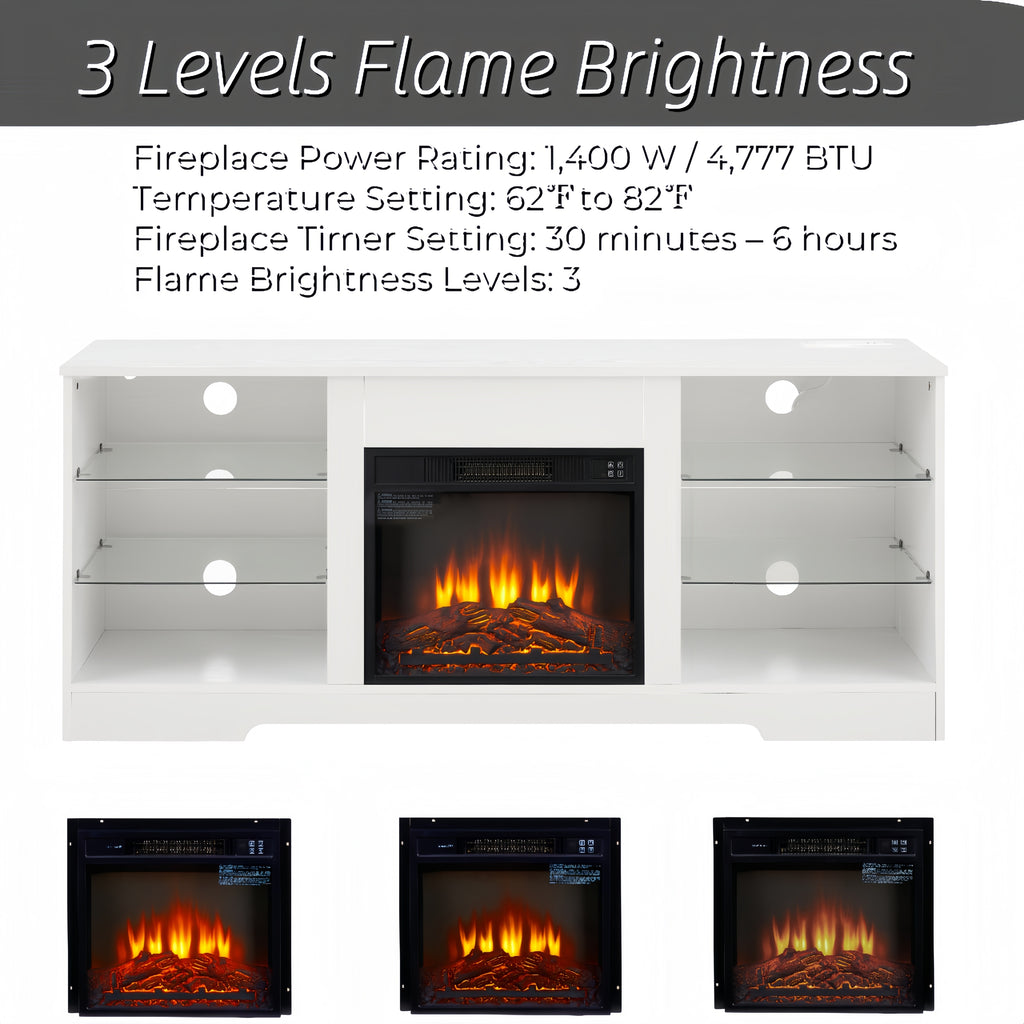 TV Stand Electric Fireplace TV Stand with Glass Shelves, 3D Fireplace TV Stand with LED Lights Wood with USB Charging Outlet Modern Television Table Center for TV up to 32-62' White 58''W*15.4''D*24.6 - Grand Goldman Shop