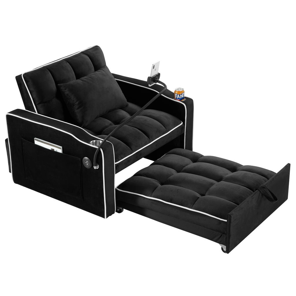 Convertible Sleeper Chair Sofa Bed with Multi-Pockets, Adjustable Pull Out Sofa for Small Spaces, Black Velvet - Grand Goldman Shop