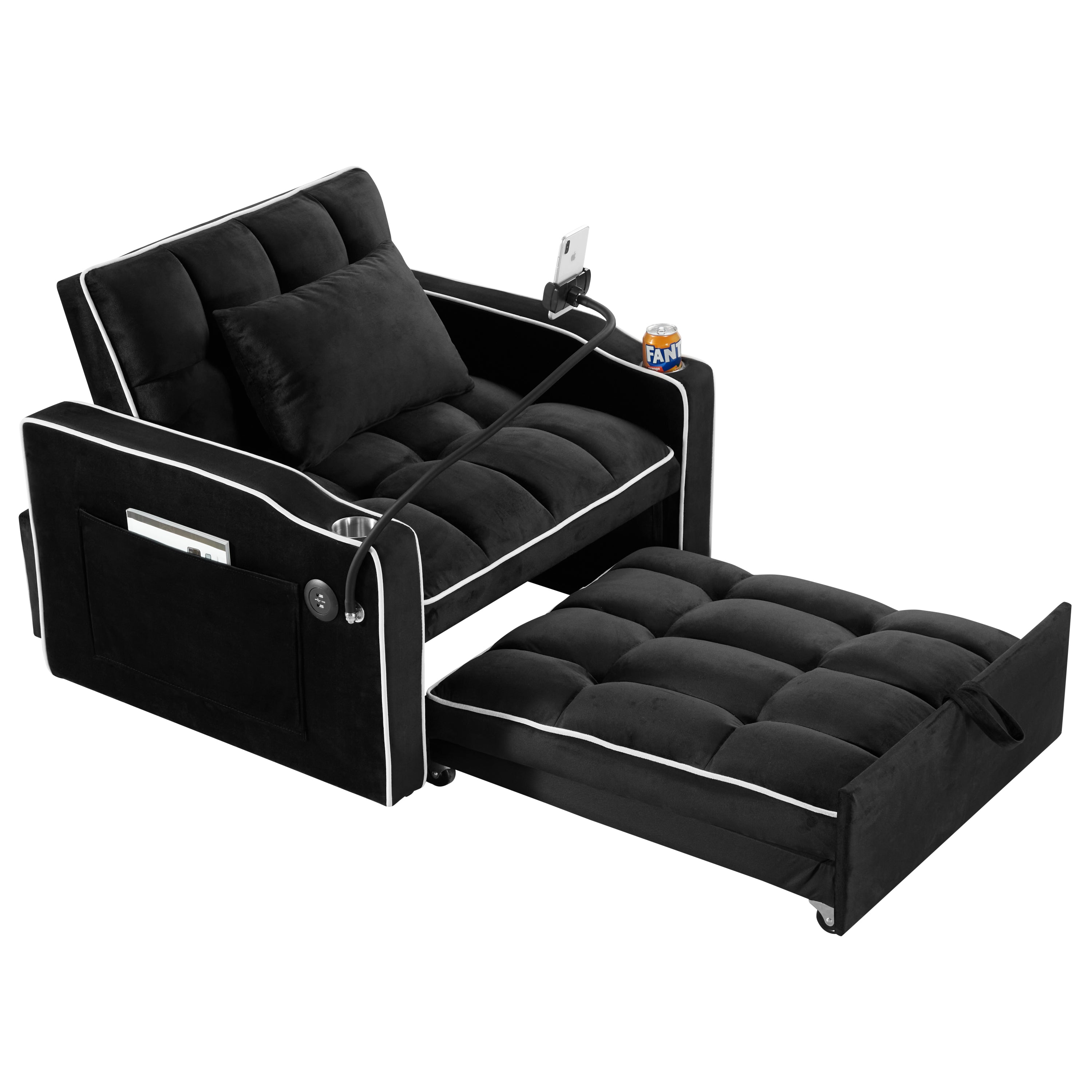 Convertible Sleeper Chair Sofa Bed with Multi-Pockets, Adjustable Pull Out Sofa for Small Spaces, Black Velvet - Grand Goldman Shop