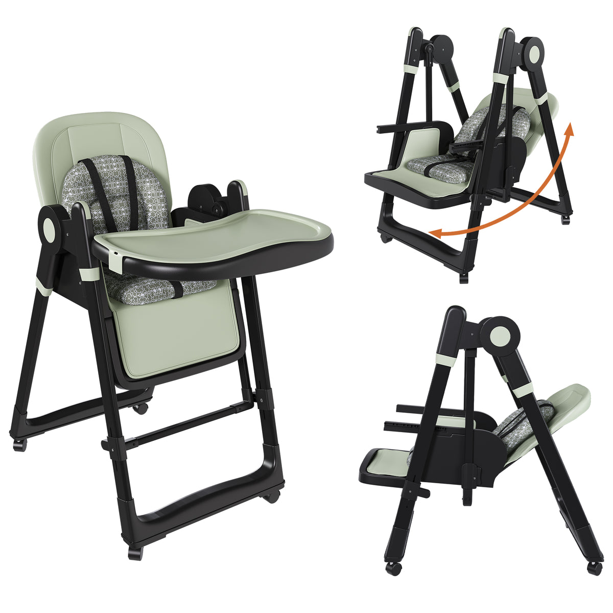 Convertible Baby High Chair to Rocker with 5-Point Harness, Foldable Infant Feeding Chair in Dark Green with Removable 2-Tier