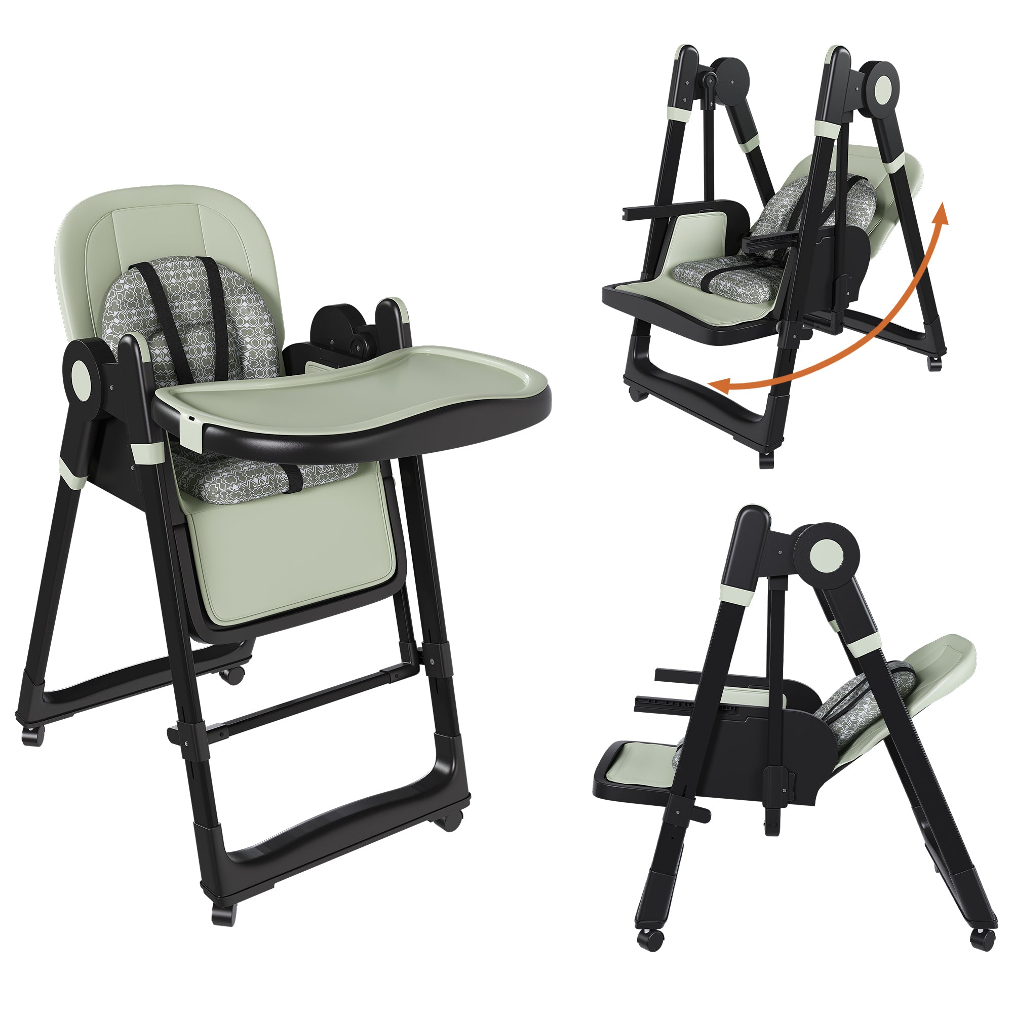 Convertible Baby High Chair to Rocker with 5-Point Harness, Foldable Infant Feeding Chair in Dark Green with Removable 2-Tier