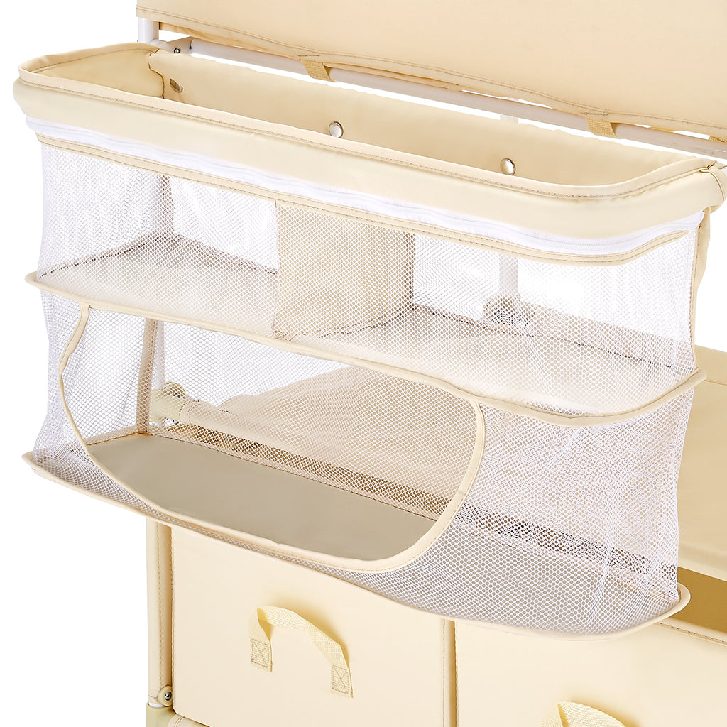 Baby Changing Table, Foldable Diaper Change Station with 2 Fabric Drawers, Side Basket & Hanging Rod, Adjustable Height Porta